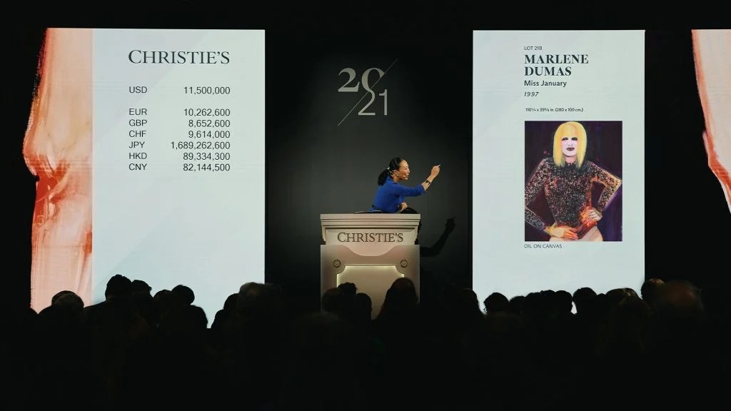 A obra Miss January, de Marlene Dumas (1997), foi vendida por US$ 13,6 milhões com taxas em maio e teve uma garantia de terceiro. (Foto: Christie’s Images Ltd. 2025)
