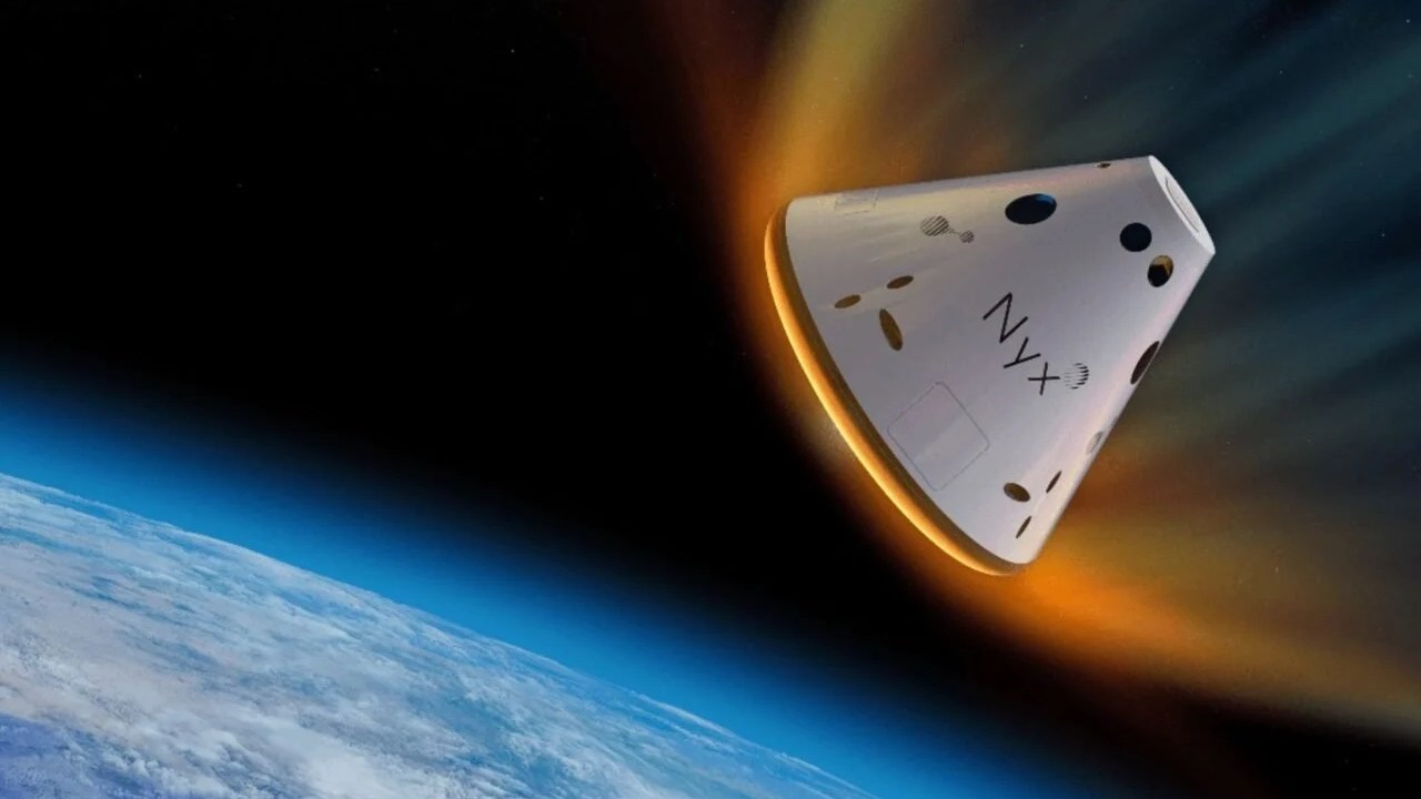 Cápsula espacial retorna ao mar com restos mortais e sementes de cannabis a bordo Ilustração da cápsula Nyx durante a reentrada na atmosfera terrestre (Foto: The Exploration Company/ESA/Reprodução)