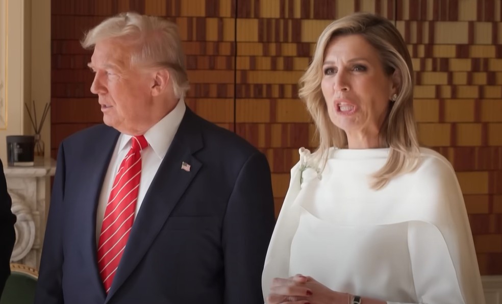 Rainha dos Países Baixos imita Trump e gera repercussão nas redes sociais A rainha Máxima ao lado do presidente dos EUA, Donald Trump (Foto: Otan)