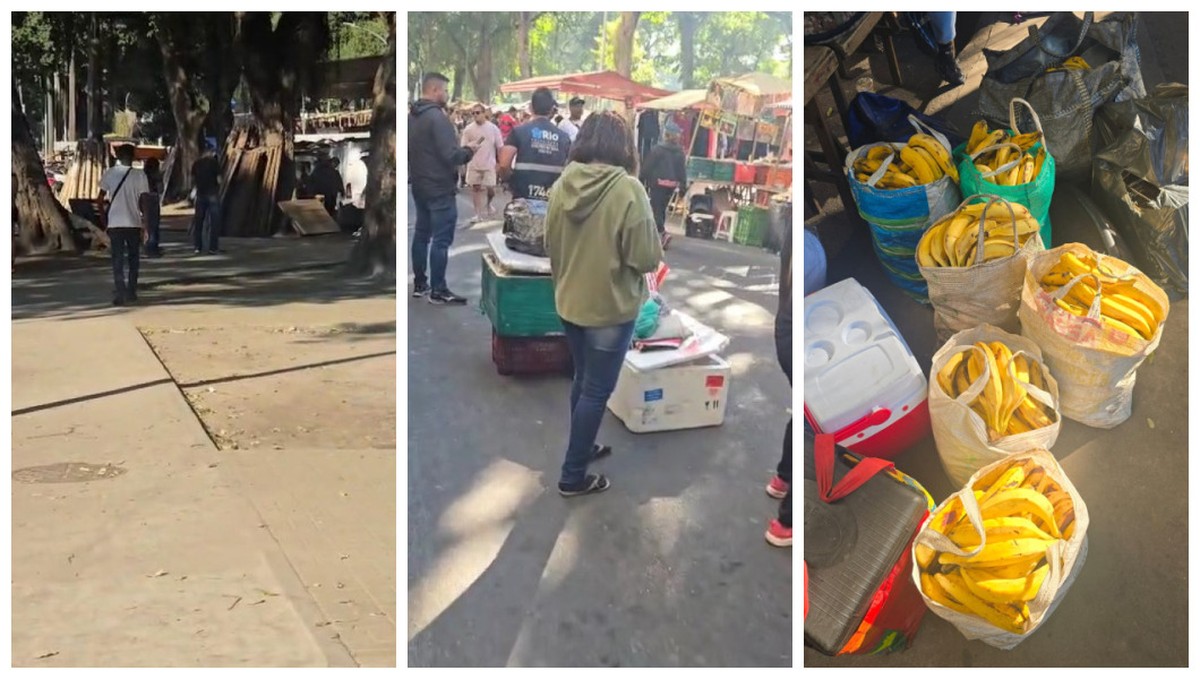 Feira da Glória proíbe barracas de comida e feirantes denunciam prejuízos Feira da Glória com agentes da Seop e mercadoria dos feirantes (Foto: Foto do leitor)