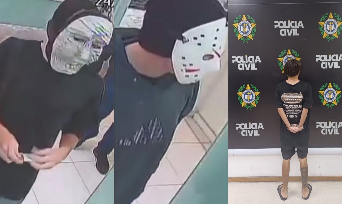 Suspeito de assalto em casa de câmbio durante festa é detido no Recreio Os suspeitos no dia do crime e Gabriel na delegacia (Foto: Reprodução)