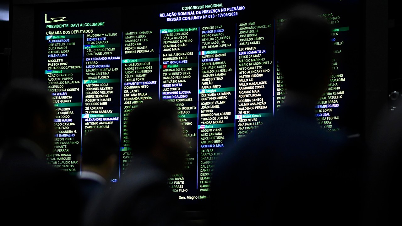 Placar de votação na sessão do Congresso nesta terça-feira (17/6) — (Foto: Andressa Anholete/Agência Senado)