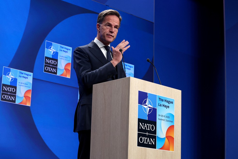 Otan aumenta investimentos em defesa e envia aviso à Rússia sobre ameaças Secretário-geral da Otan, Mark Rutte, anuncia aumento de gastos em defesa para os países-membros da aliança em 23 de junho de 2025. (Foto: REUTERS/Yves Herman)