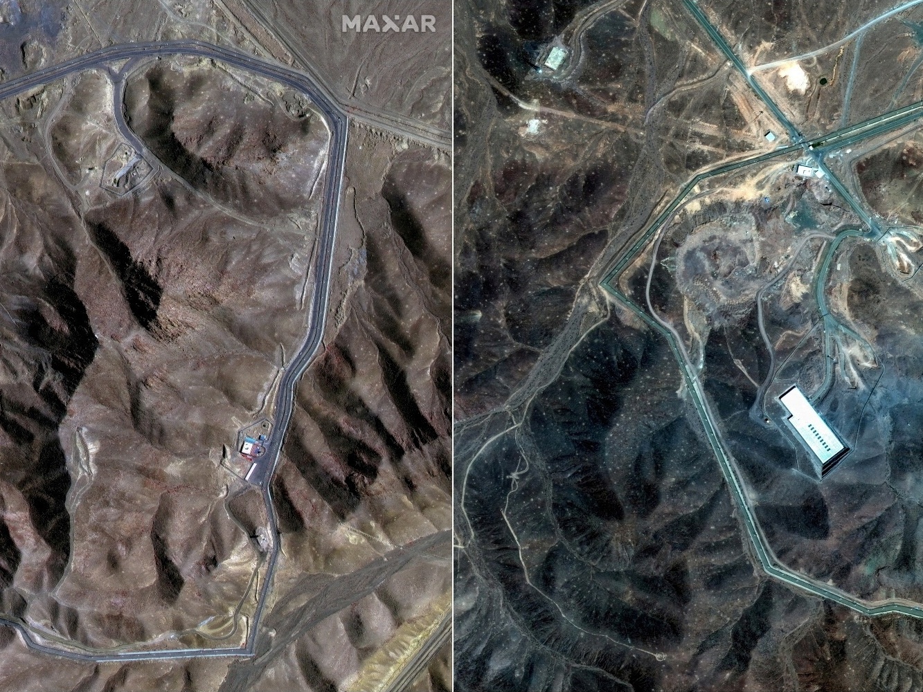 Ataques a usinas nucleares do Irã geram contaminação em áreas específicas, aponta órgão Complexo da Usina Nuclear de Fordow, no Irã, em 20 de junho (à esquerda), antes do ataque dos EUA, e em 22 de junho, após o ataque. Análise das duas imagens em comparação com registros anteriores, de 2009, revelam que americanos atingiram dutos de ventilação (Foto: MAXAR TECHNOLOGIES/via REUTERS)
