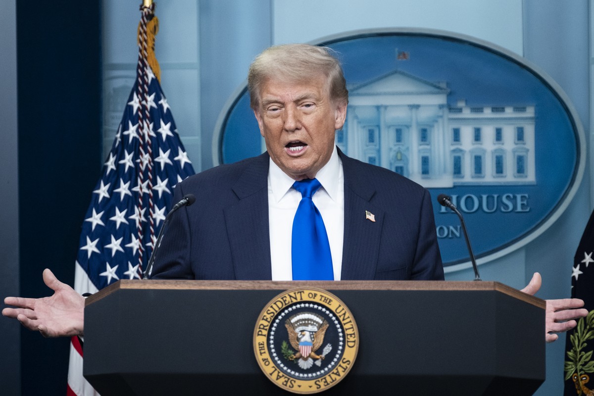 O presidente Donald Trump durante pronunciamento em Washington, nos Estados Unidos, em 27 de junho de 2025. (Foto: Pete Marovich/The New York Times)