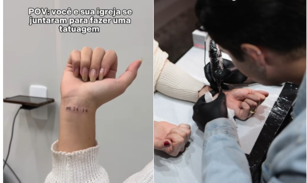 Igreja em SC realiza tatuagem coletiva após polêmica e enfrenta críticas evangélicas Igreja em SC faz tatuagem coletiva em fiéis e é criticada por evangélicos (Foto: Reprodução)
