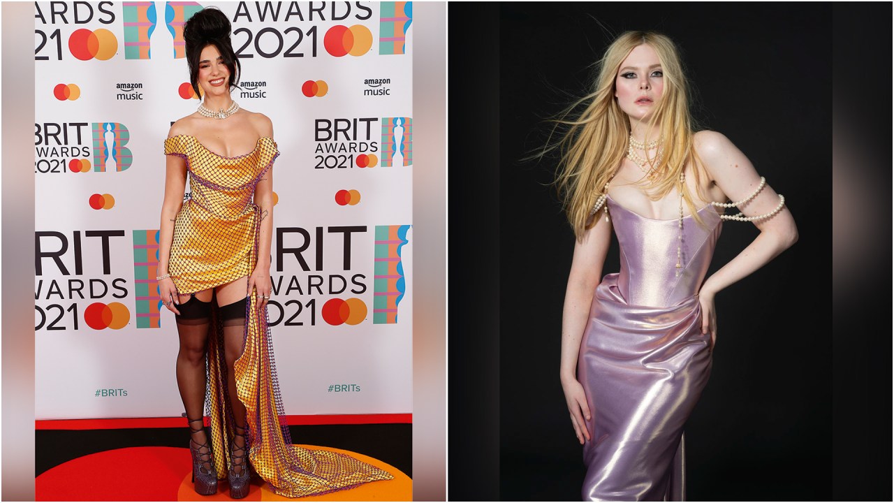 Vivienne Westwood reinventa o estilo punk com toques contemporâneos e ousados HERANÇA - Dua Lipa (à esq.) e Elle Fanning: vestidos para chamar atenção e dizer alguma coisa (Foto: JMEnternational/Getty Images)