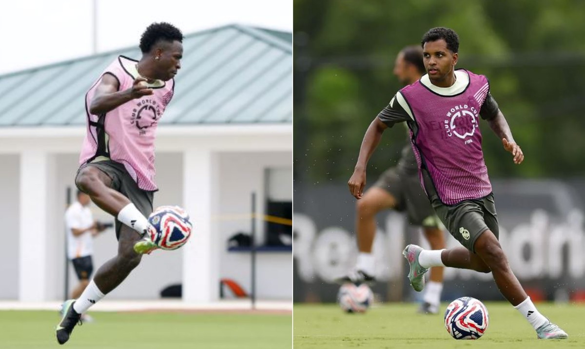 Real Madrid enfrenta desafio nas quartas do Mundial com Vini Jr e Rodrygo em fases distintas Vini Jfr e Rodrygo durante o treino do Real Madrid antes do confronto com a Juventus (Foto: Divulgação/Real Madrid)