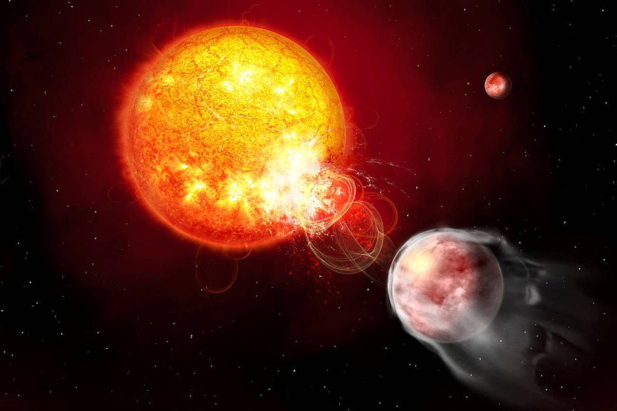 Exoplaneta sofre erupções solares intensas, superando as do Sol Ilustração da estrela HIP 67522 (maior, à esquerda) perto do exoplaneta HIP 67522 b (Foto: Janine Fohlmeister/Leibniz Institute for Astrophysics Potsdam/via Reuters)