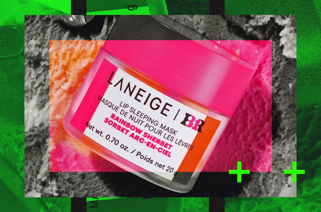 Laneige e Baskin Robbins lançam tratamento labial de sorvete arco-íris A Laneige acaba de lançar uma Máscara Labial Noturna inspirada na Baskin Robbins, com o sabor delicioso de sherbet arco-íris. (Foto: Reprodução)