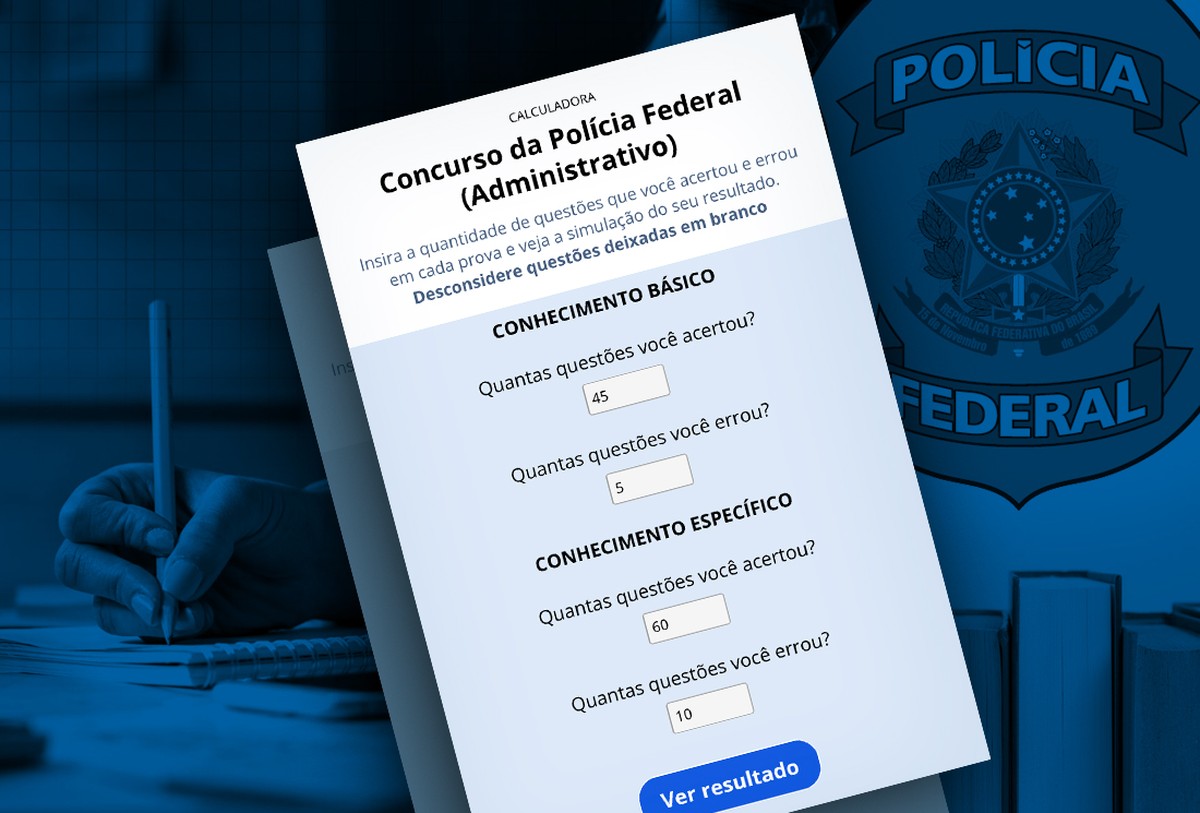 Simule sua nota no concurso da PF para o cargo administrativo de 2025 Simule na calculadora do GLOBO sua nota da prova objetiva para o concurso PF Administrativo 2025 — Foto: Arte O Globo
