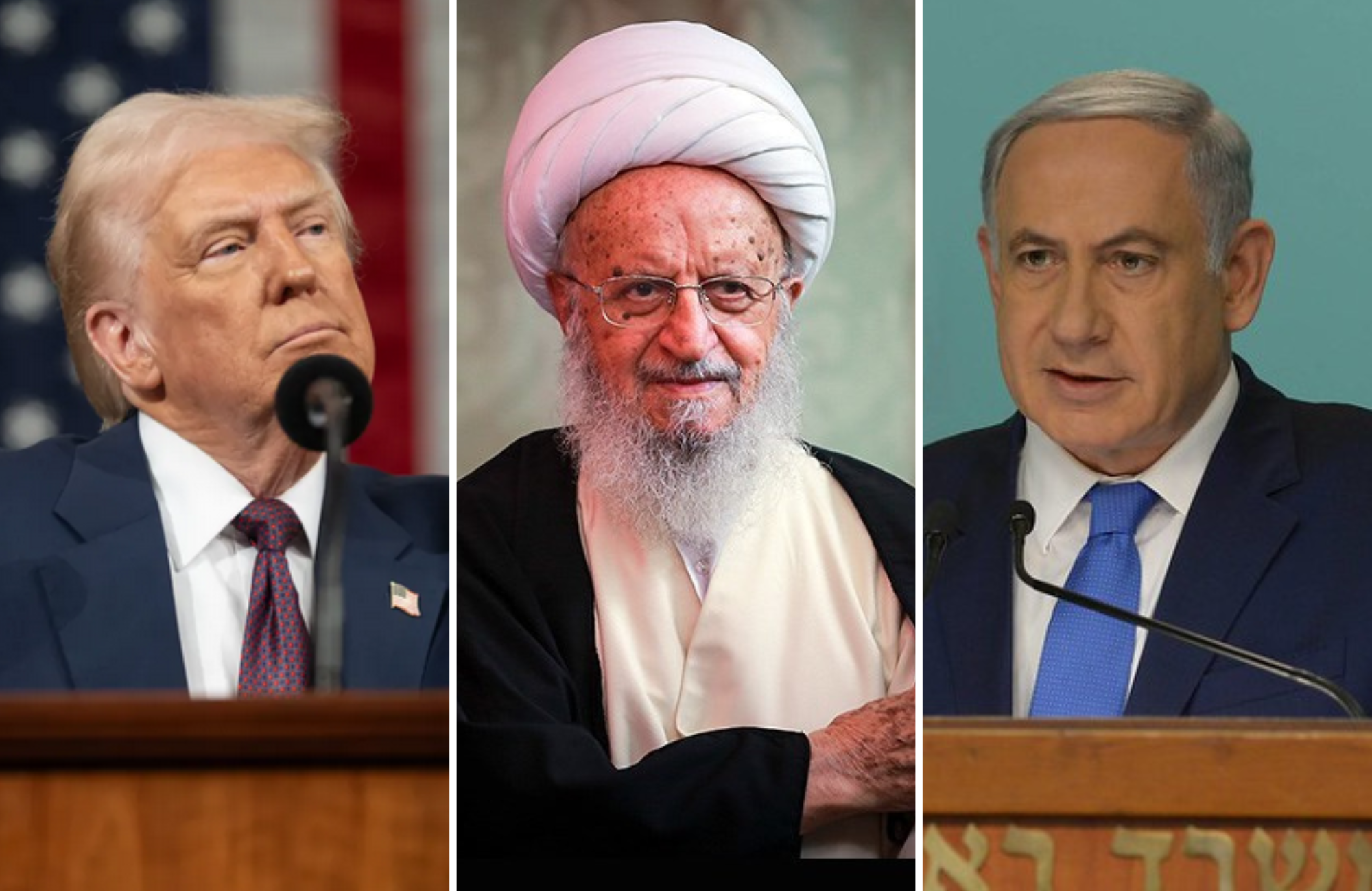 Irã declara Trump e Netanyahu como inimigos de Alá em ordem religiosa O clérigo Naser Makarem Shirazi entre Trump e Netanyahu. (Foto: Wikipedia / White House / Amos Ben Gershom, GPO)