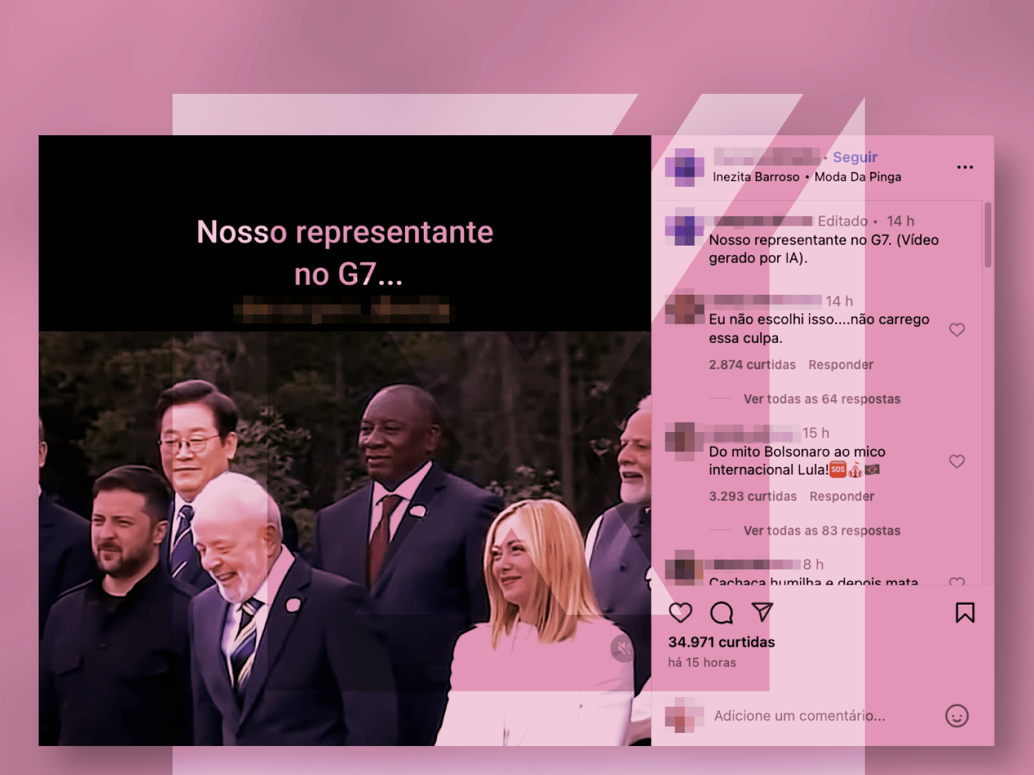 Vídeo sobre Lula no G7 é desmentido; inteligência artificial alterou imagens Lula não estava bêbado no G7, vídeo foi alterado por IA (Foto: Projeto Comprova)