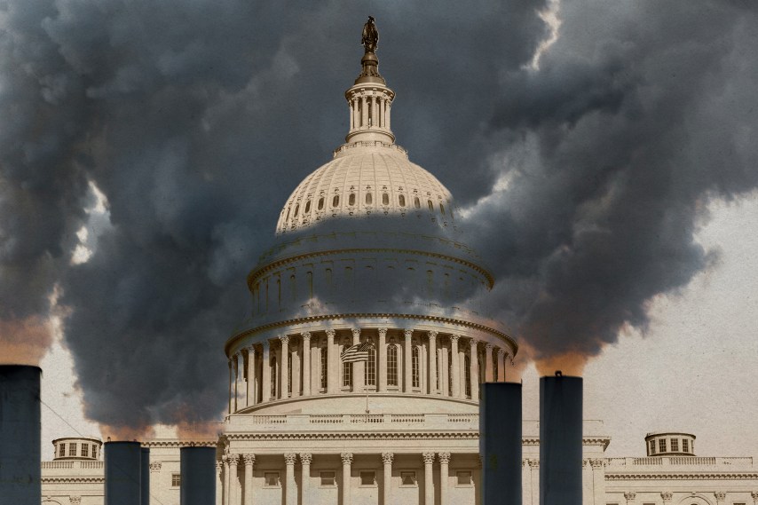 Organizações sem fins lucrativos e universidades reforçam programas climáticos nos EUA Uma ilustração fotográfica mostra chaminés ao redor do edifício do capitólio - Foto Ilustração de Sarah Rogers / MITTR | Fotos Getty