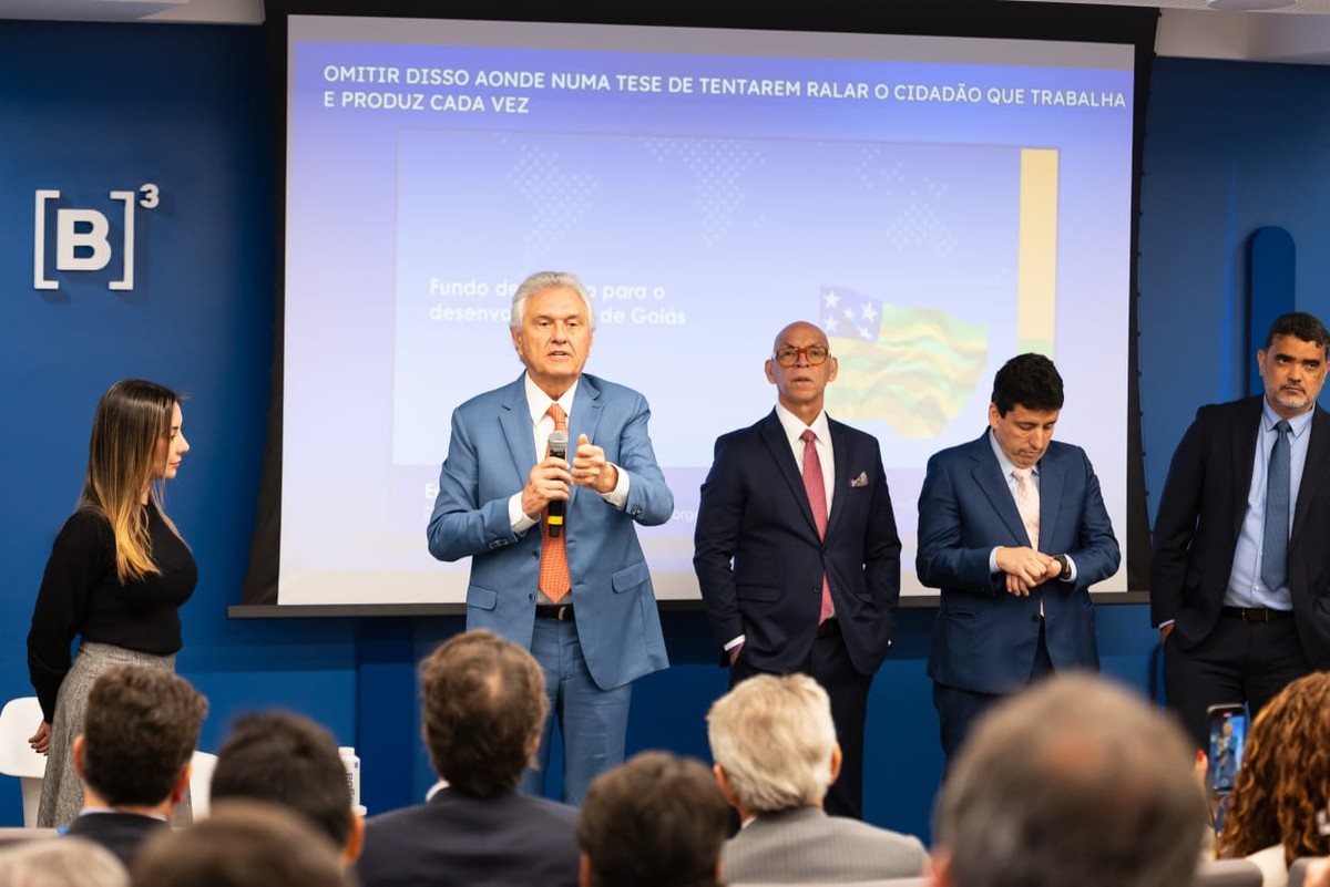 Governador Ronaldo Caiado em evento em São Paulo para lançamento de programa de ajuda a empresas goianas por conta do tarifaço dos EUA (Foto: Caue Diniz/B3)