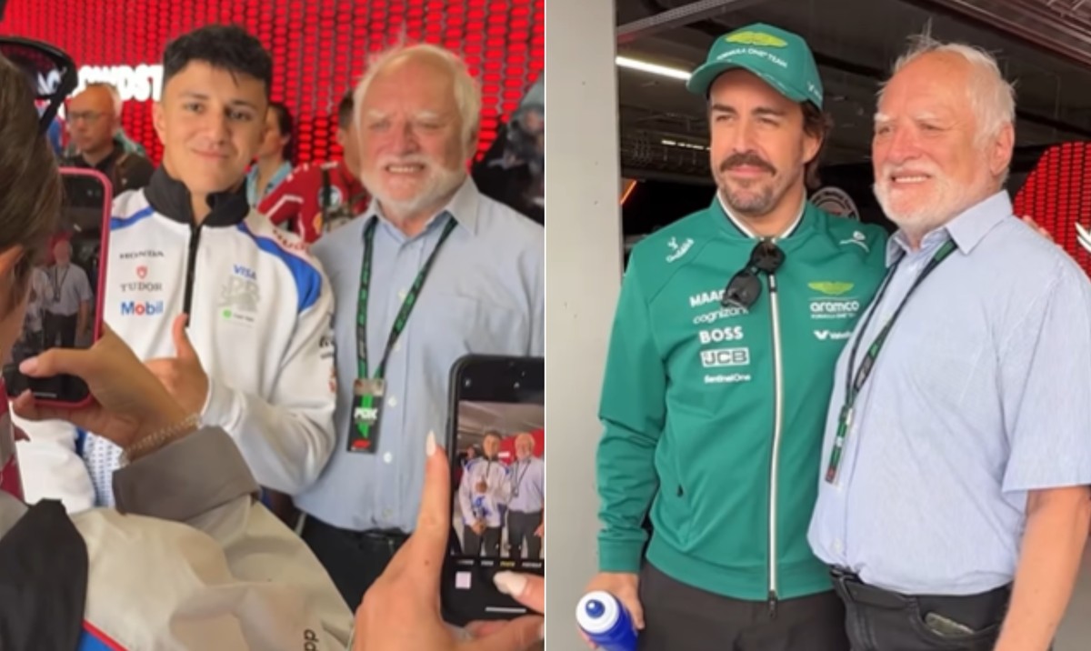 Idoso do meme 'rindo de nervoso' recebe carinho de pilotos no GP da Hungria Idoso do meme 'rindo de nervoso' virou celebridade no GP da Hungria (Foto: Reprodução/Redes sociais)