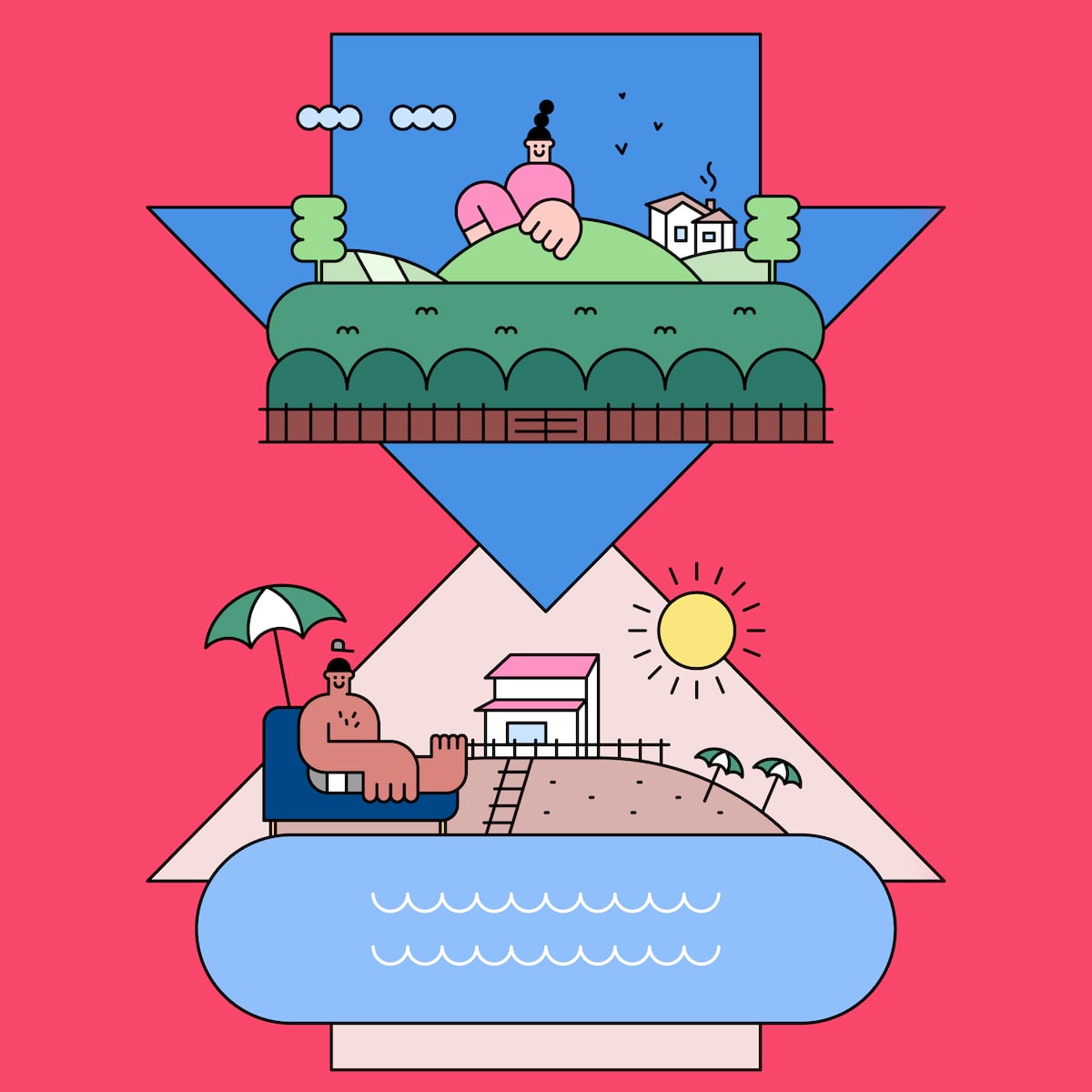 Troca de casas reduz custos e transforma viagens em experiências únicas Ilustração do intercâmbio de casas nas férias da guia de verão 2025 de El Viajero. (Foto: Celeste Barta)