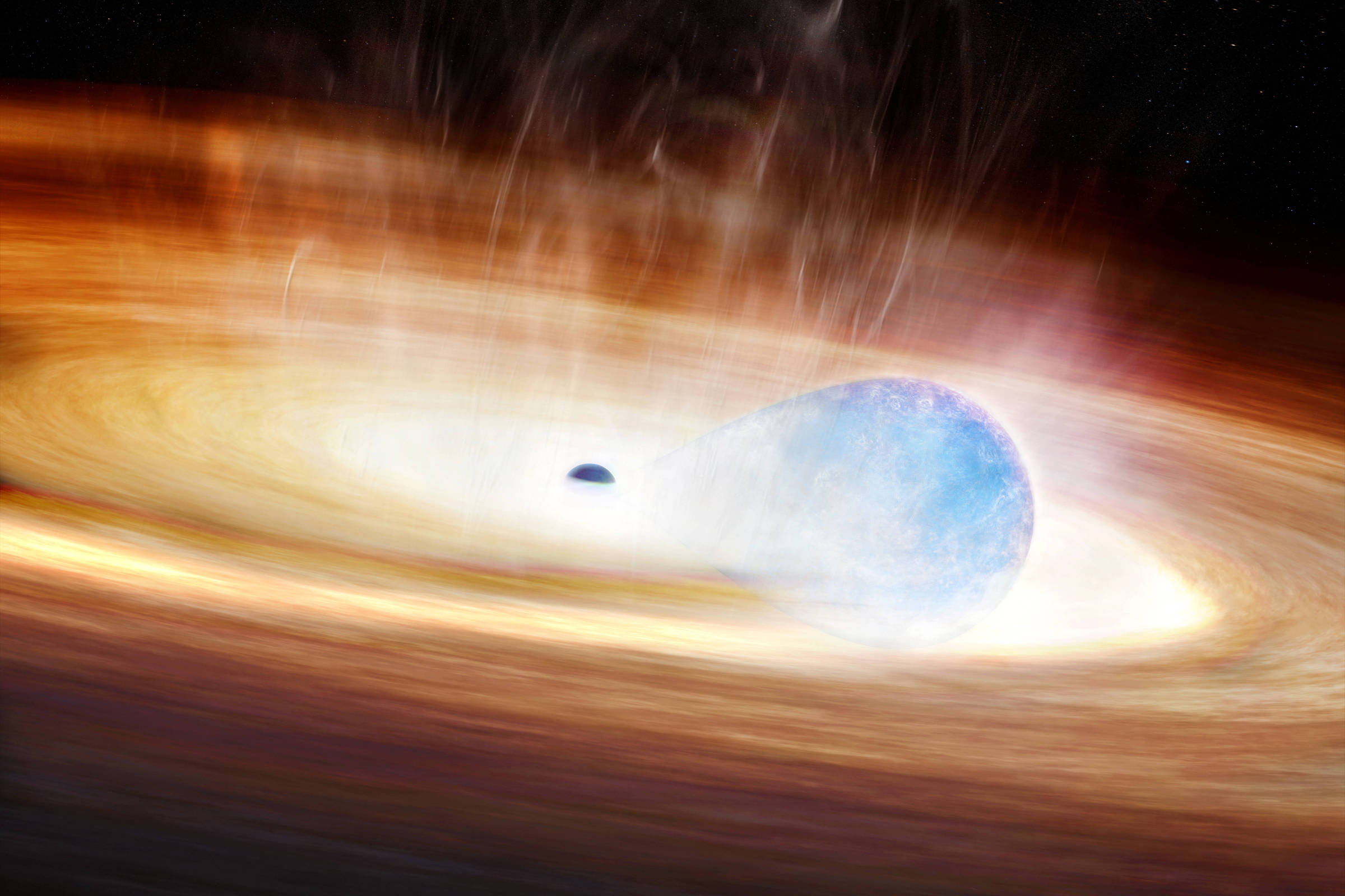 Astrônomos registram dança cósmica que pode indicar nova supernova Concepção artística mostra uma estrela maciça sendo esticada pelas forças gravitacionais de um buraco negro próximo antes da explosão de uma supernova (Foto: Melissa Weiss/Center for Astrophysics | Harvard & Smithsonian (CfA)/via Reuters)