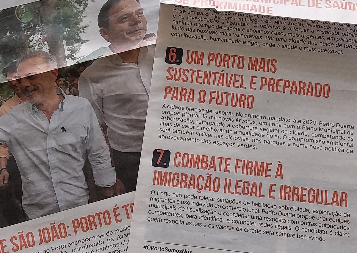 Imigração se torna foco nas campanhas para prefeituras de Lisboa e Porto Propaganda de combate à imigração considerada irregular do candidato do Porto, Pedro Duarte, à esquerda na foto com o premier Luís Montenegro (Foto: Reprodução)