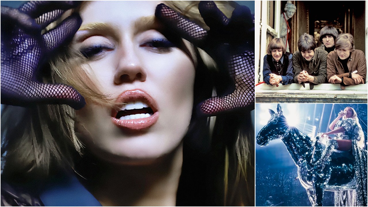 Miley Cyrus reinventa conceito dos Beatles em nova fase musical poderosa CONTRASTE - Miley (à esq.), os Beatles em 'A Hard Day’s Night' e Beyoncé: recurso antigo rende hoje vexames em cena (Foto: Divulgação; Michael Ochs Archives/Getty Images;/Reprodução)
