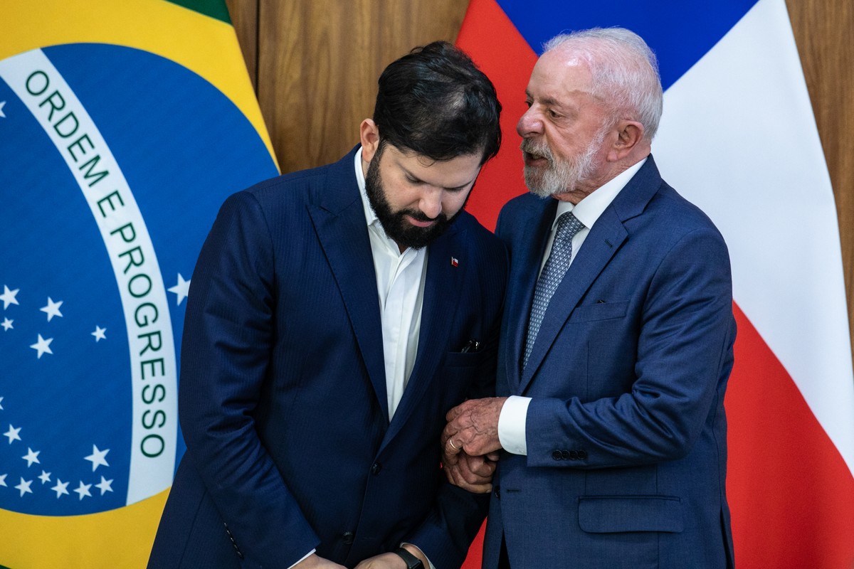 Presidente Lula e Presidente do Chile, Gabriel Boric no Palácio do Planalto (Foto: Brenno Carvalho / Agência O Globo)