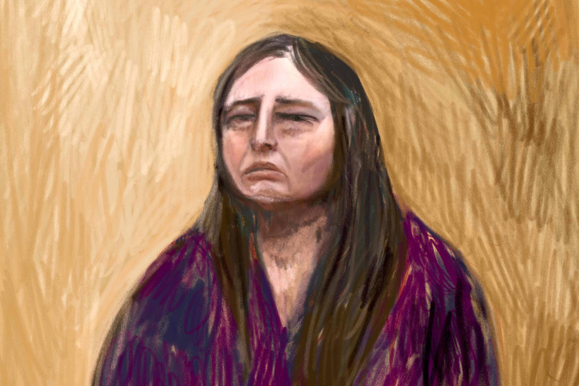 Mulher é julgada na Austrália por envenenar parentes de ex-marido com cogumelos Desenho feito por ilustrador do tribunal de Morwell, na Austrália, retrata Erin Patterson, acusada de matar três parentes com cogumelos venenosos (Foto: Anita Lester/Corte de Latrobe Valley/AFP)