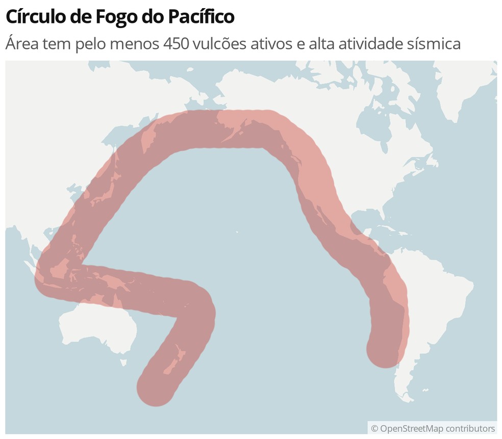 Círculo de Fogo do Pacífico provoca terremoto e tsunamis na Rússia e Japão Mapa identifica a região do Círculo de Fogo do Pacífico (Foto: Ciência/G1)