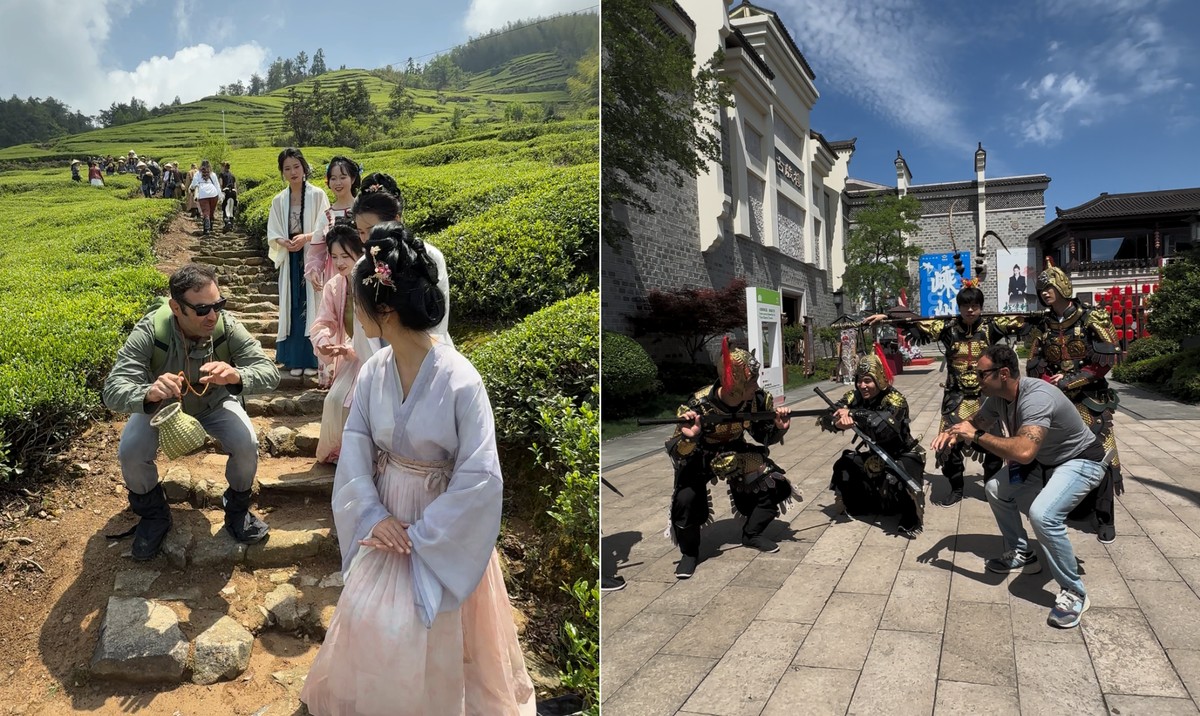 Chico Salgado ensina agachamento a samurais e chinesas em Xangai Chico Salgado ensina agachamentos na China. (Foto: Arquivo pessoal/Chico Salgado)