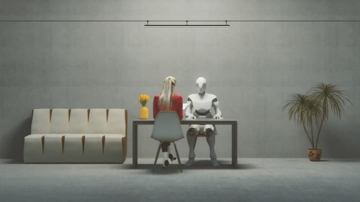 A inteligência artificial transforma empregos de entrada, mas não os elimina Entrevista de emprego com um ciborgue futurista. (Foto: Gremlin | E+ | Getty Images)