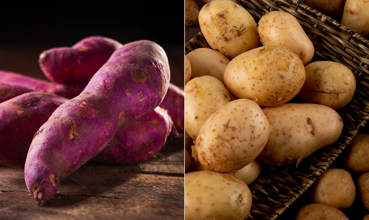 Batata-doce e inglesa: especialistas revelam qual é a melhor para dieta e treino Tanto a batata-doce quanto a inglesa são excelentes fontes de carboidrato, têm quantidades de ferro, fibras e calorias parecidas (Foto: Reprodução/Pexels e Freepik)