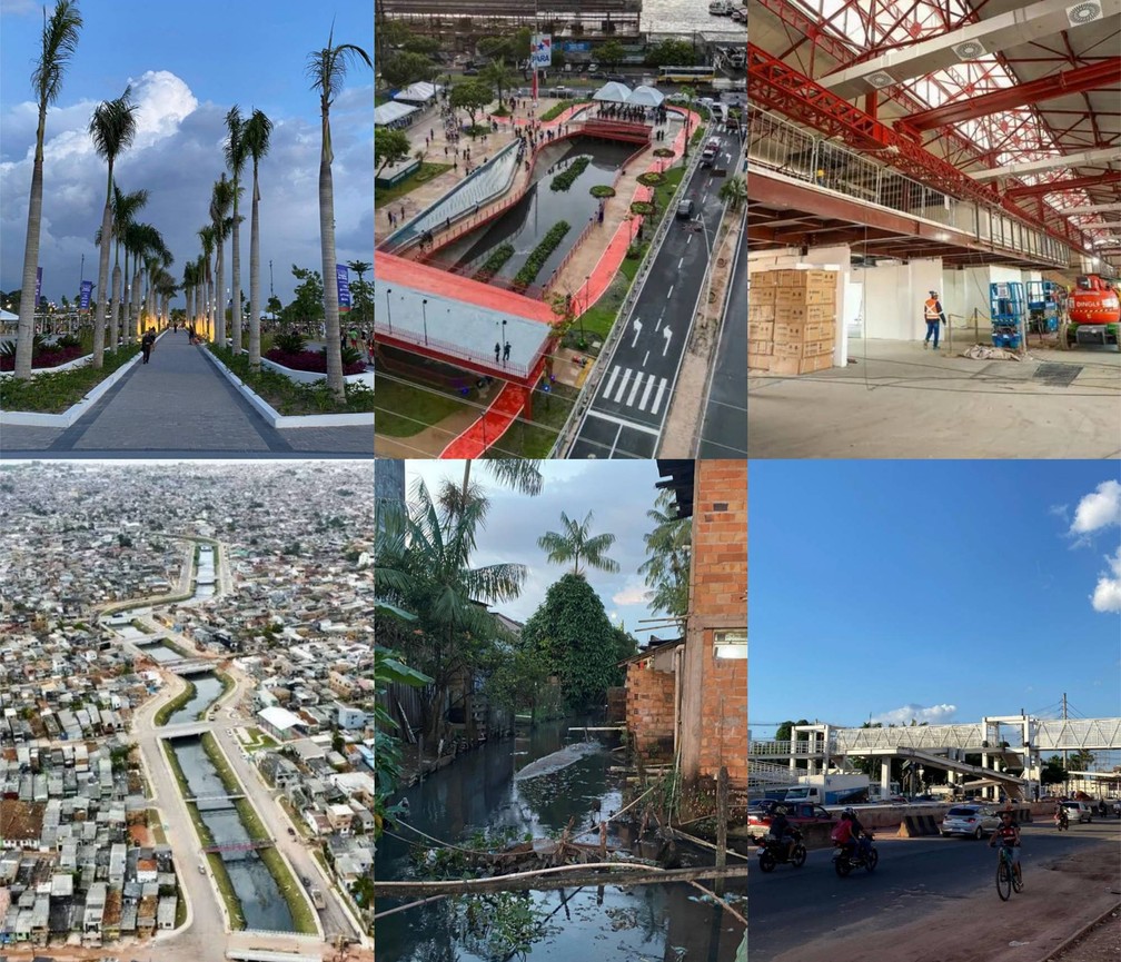 Seis locais de obras para o COP (no sentido horário): Parque da Cidade, trecho entregue do Parque Linear da Doca, Porto Futuro II, bacia Tucunduba, um dos canais da bacia Mata Fome (obra de macrodrenagem não iniciada) e o BRT. (Foto: Marcus Passos/g1 e Reprodução)