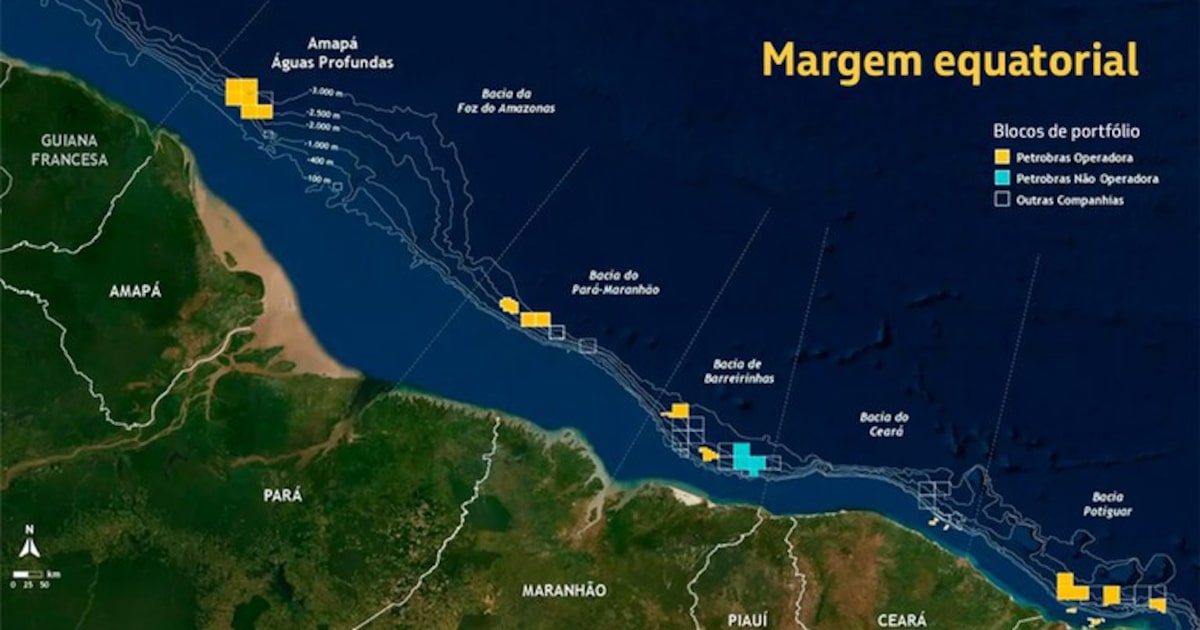 Petrobras avança em negociações para exploração na foz do Amazonas Mapa mostra área da extração de petróleo na Margem Equatorial do Amazonas (Foto: Agência Gov)
