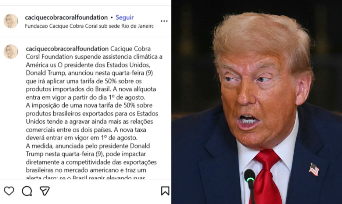 Cacique Cobra Coral suspende 'assistência climática' aos EUA após tarifas de Trump Após taxação, Cacique Cobra Coral anuncia suspensão de 'assistência climática' aos EUA (Foto: Reprodução/AFP)