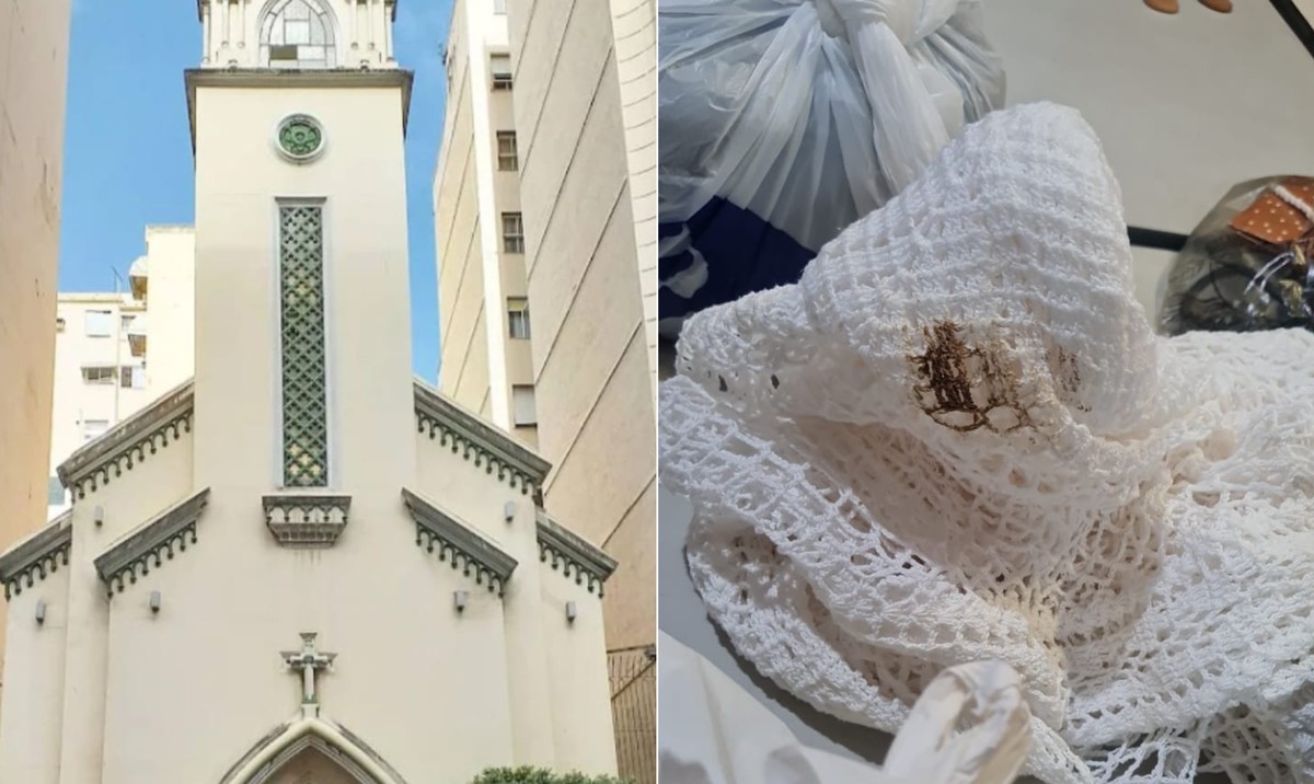 Igreja é invadida e depredada em Copacabana; criminosos defecaram no local e usaram toalhas da mesa eucarística — Foto: Reprodução