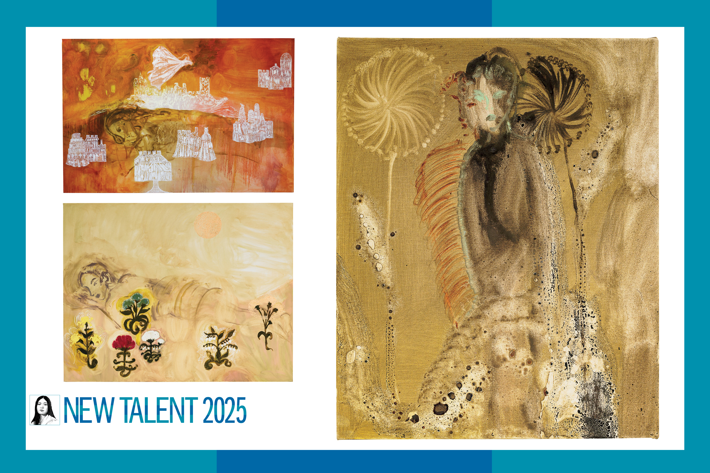 Faye Wei Wei transforma pintura em uma experiência musical envolvente Faye Wei Wei: Um telescópio feito de taças de champanhe, 2024, e Sem Título, 2024 (esquerda), e Sem Título, 2024 (direita). (Foto: Manuel Carreon Lopez/Courtesy Galerie Kandlhofer, Vienna)
