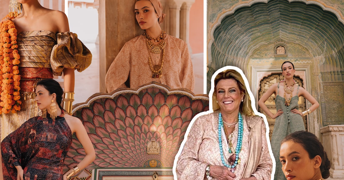 Riccy Souza Aranha, no centro, vestida em conjunto de linho estampado, inspirada nas pinturas do City Palace, entre modelos da sua coleção de verão Mixed. (Foto: Colagem de Thais Barrocos sobre fotos de Hunar Daga e Ciccy Halpern)