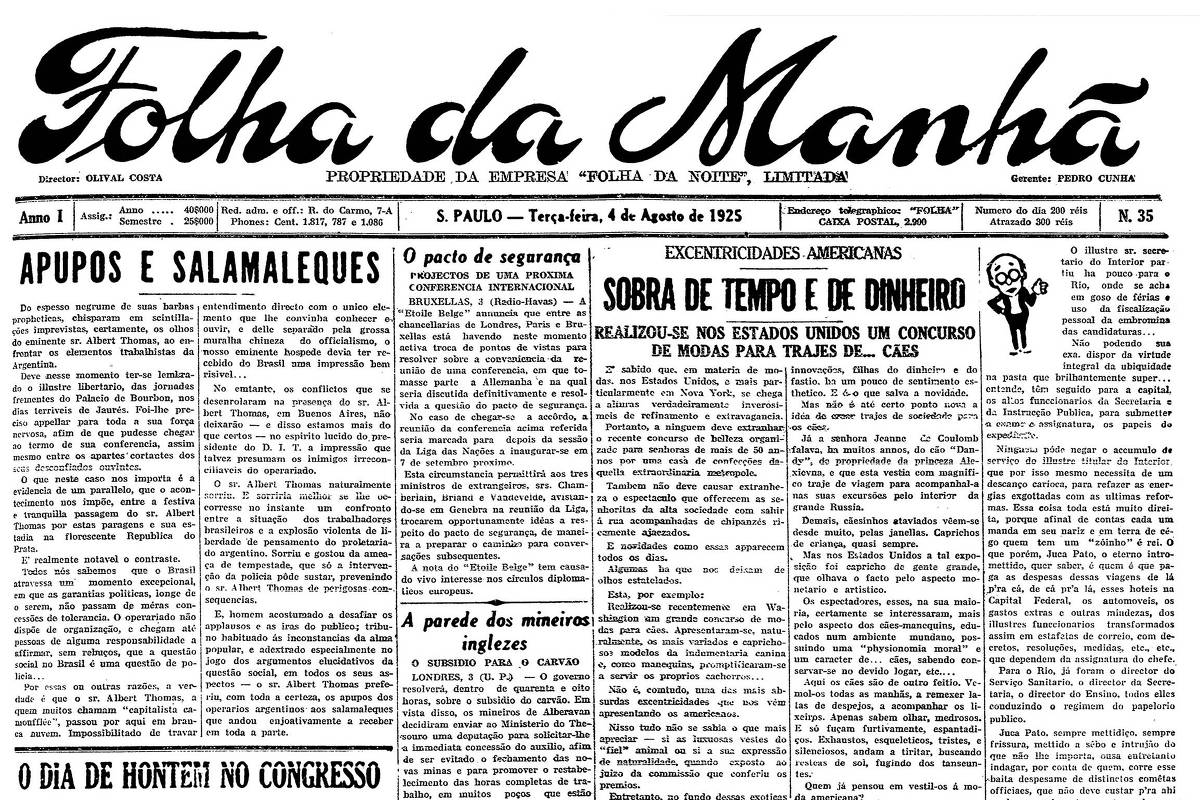 Primeira Página da Folha da Manhã de 4 de agosto de 1925 - Reprodução (Foto: Reprodução)