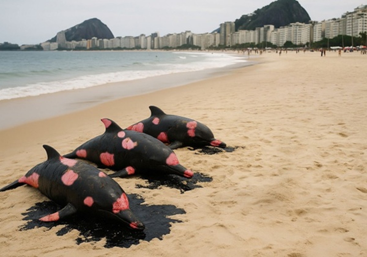 Anistia Internacional protesta em Copacabana com botos cobertos de petróleo durante BRICS Ação da Anistia Internacional leva botos cobertos de petróleo para Copacabana (Foto: Divulgação)