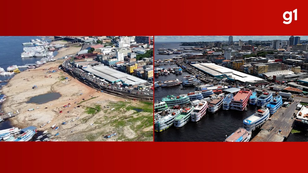 Cheia atinge mais de 500 mil pessoas e coloca metade do AM em estado de emergência Comparativo mostra Manaus na seca de 2024 e na cheia de 2025 (Foto: Rede Amazônica)