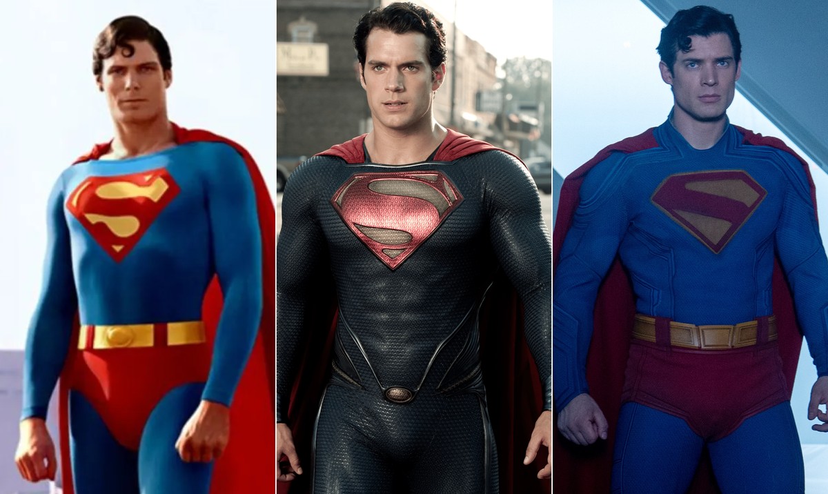 Superman e a cueca por cima da calça: a evolução do figurino nos cinemas Christopher Reeve, Henry Cavill e David Corenswet interpretaram o Superman nos cinemas (Foto: Divulgação)