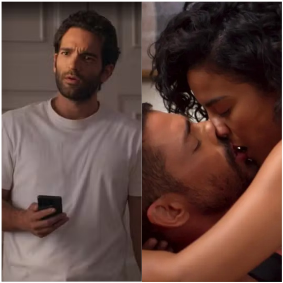 Afonso (Humberto Carrão) flagra Fátima (Bella Campos) e César (Cauã Reymond) na cama (Foto: Reprodução/TV Globo)