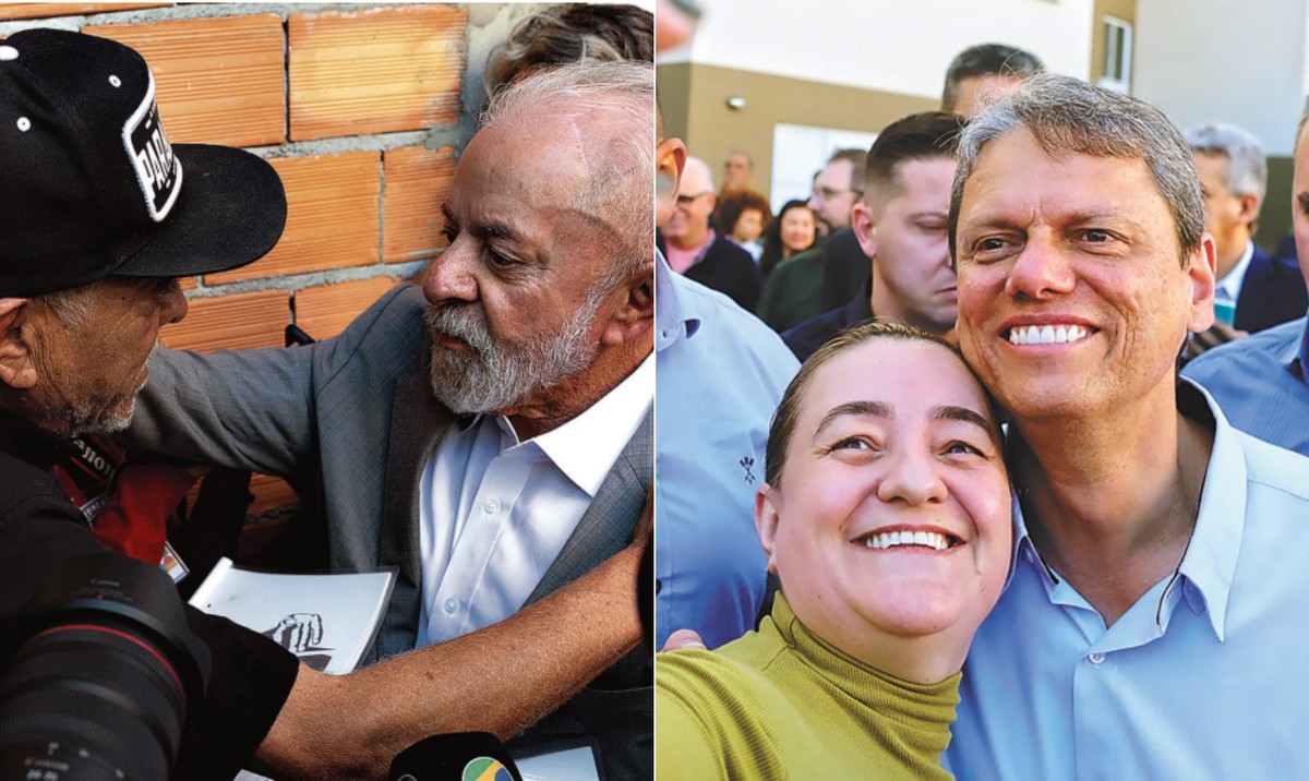 Lula e Tarcísio trocam farpas em eventos paralelos em São Paulo Lula cumprimenta morador da Favela do Moinho, no centro da capital; Tarcísio posa para selfie com eleitora em São Bernardo do Campo: entrega de casas populares (Foto: Maria Isabel Oliveira/Agência O Globo e Pablo Jacob/Governo do Estado de SP)