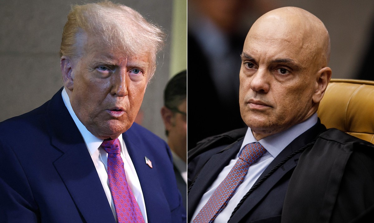 Bolsonaristas buscam apoio do Congresso dos EUA para sanções a Alexandre de Moraes Donald Trump, presidente dos Estados Unidos, e Alexandre de Moraes, ministro do Supremo Tribunal Federal (STF) brasileiro — Foto: Fotos de Tasos Katopodis/Getty Images via AFP e Brenno Carvalho/O Globo