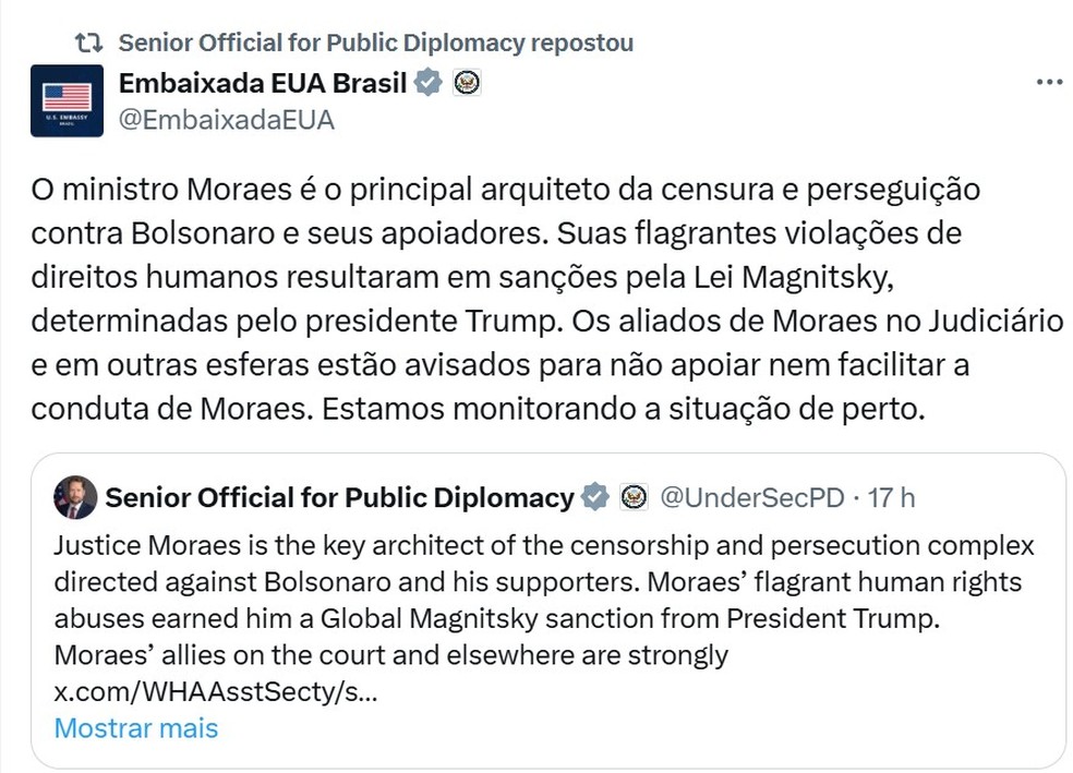 Nota divulgada pela Embaixada dos EUA (Foto: Reprodução de rede social)