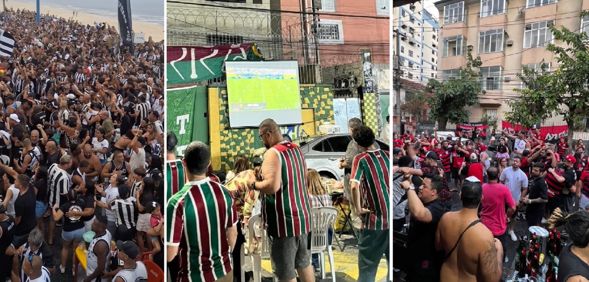 Torcedores de Botafogo, Flamengo e Fluminense lotam ruas e praias no Mundial de Clubes Torcida Itaipuaçu Fogo, em Maricá; tricolores na Rua Pereira Nunes, em Vila Isabel; e flamenguistas na Rua Gen. Espírito Santo Cardoso, na Tijuca (Foto: Arquivo pessoal e Patrick Melo)