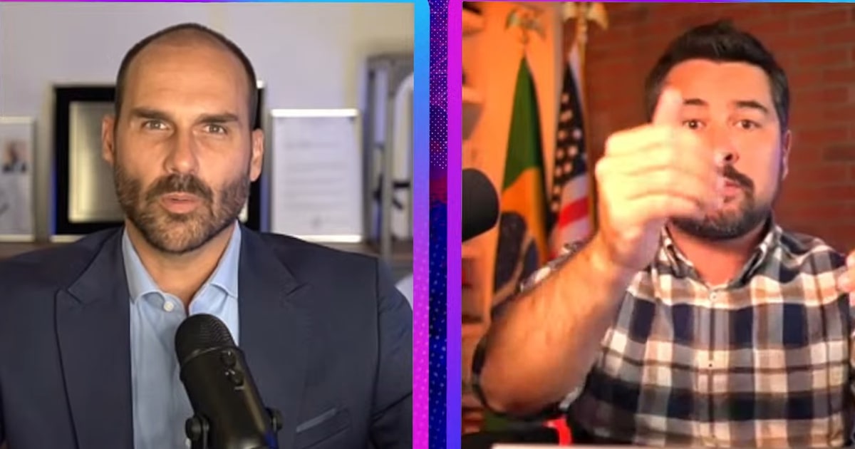 Eduardo Bolsonaro e Paulo Figueiredo em entrevista ao podcast Inteligência Ltda. (Foto: Reprodução Inteligência Ltda. via Youtube)
