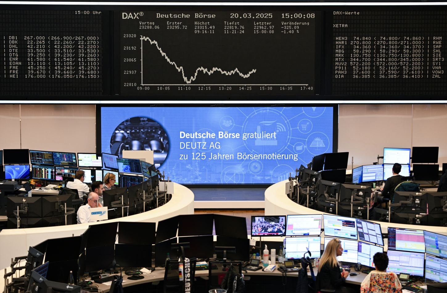 Ações europeias avançam com alívio nas tarifas e resultados positivos de empresas Índice Dax da bolsa de Frankfurt começou a terça-feira, 29, com alta de 1,1% (Foto: Arne Dedert/picture alliance/Getty Images)