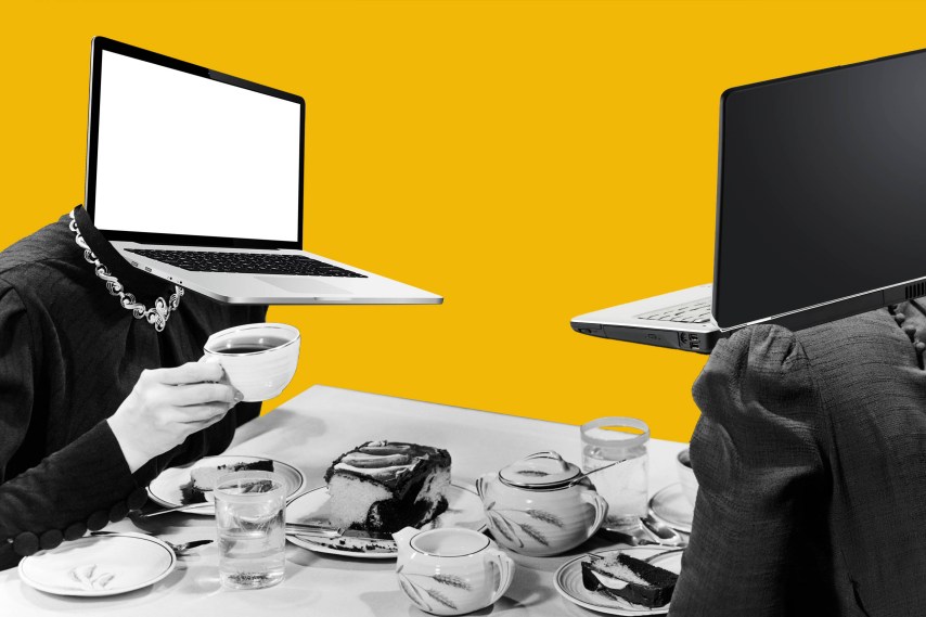 Hype sobre agentes de inteligência artificial pode distorcer a realidade atual Duas mulheres com computadores como cabeças desfrutam de chá e bolo. (Foto: Sarah Rogers/MITTR | Getty)