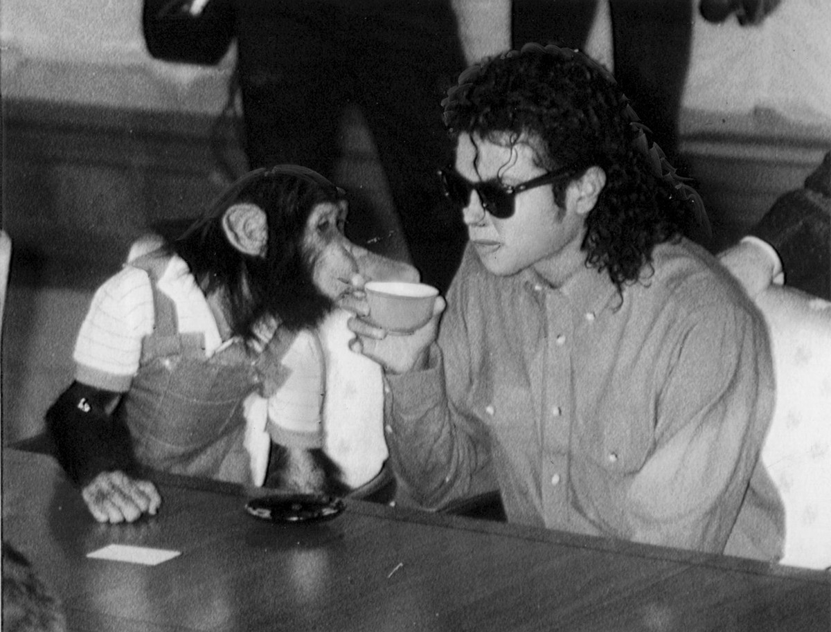 Michael Jackson com o chimpanzé Bubbles em 1987 (Foto: Getty Images)