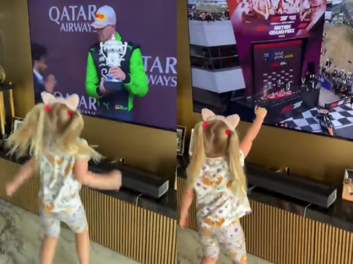 Filha de piloto emociona ao celebrar primeiro pódio do pai na F1 após 239 corridas Noemi Sky vibra com pódio do pai, Nico Hulkenberg, no GP de Silverstone (Foto: Reprodução/Instagram)